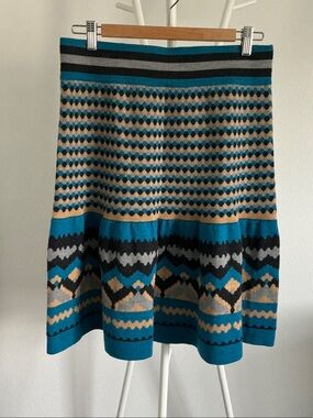 Anthropologie Teal, Beige & Black Patterned A-Line Skirt